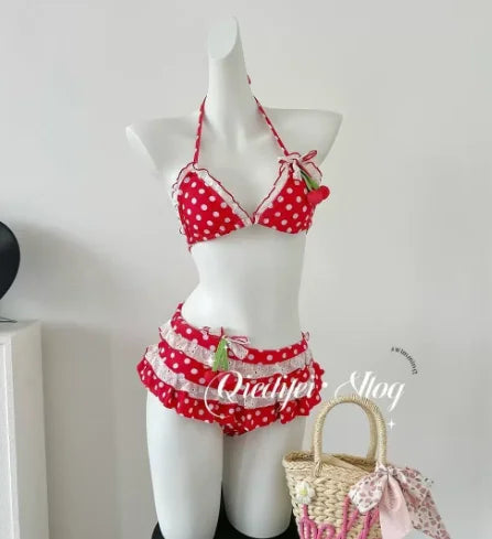 Kawaii Crop Top Swimwear Set For Women Bow Harajuku Bikini