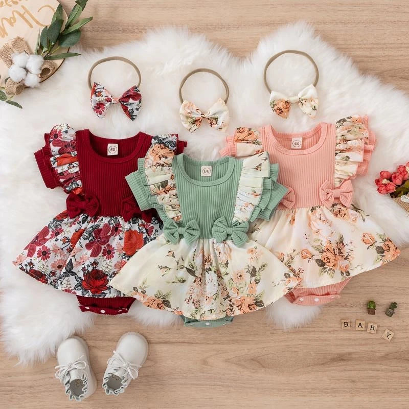 Summer Baby Girl Dress With Bowknot Striped Cotton Floral Outfit