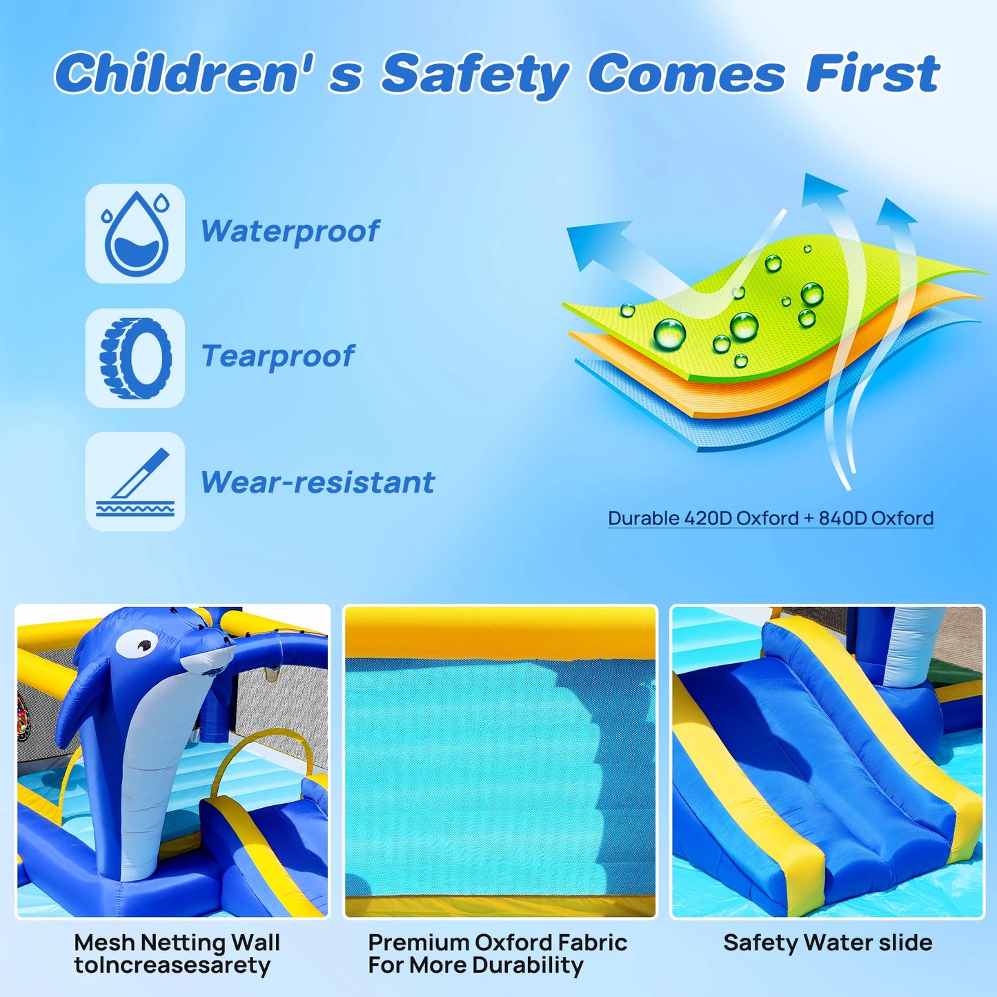 Outdoor Inflatable Bounce House Wet Dry Slide With Dolphin Sprinkler