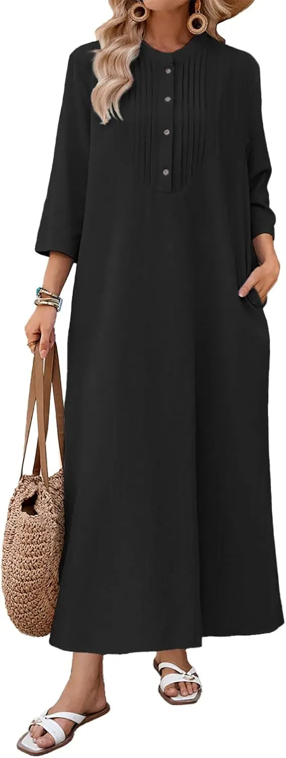 Autumn Solid Cotton Caftan Dress Loose Fit Women Casual