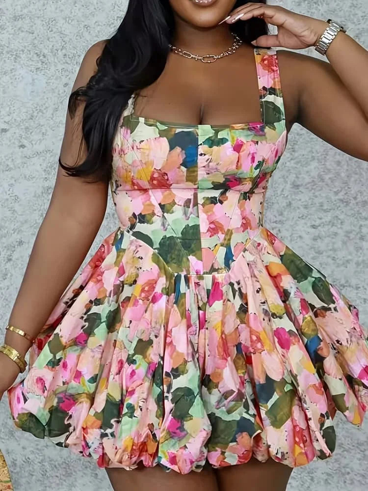 Plus Size Square Neck Wide Strap Flare Hem Mini Dress For Women Daily Vacation Street Going Out Party A Line Dress