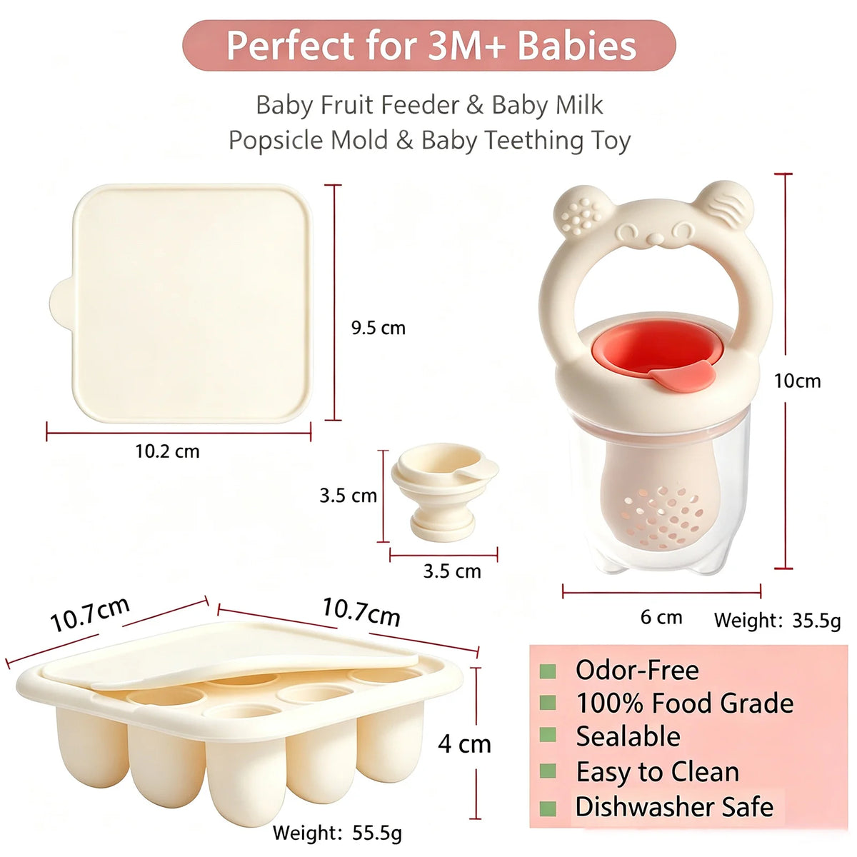 BPA Free Baby Fruit Feeder with Silicone Food Freezer Tray, Food Grade Teething Pacifier Self‑Feeding Set, 3 Colors Optional for Newborn Toddlers