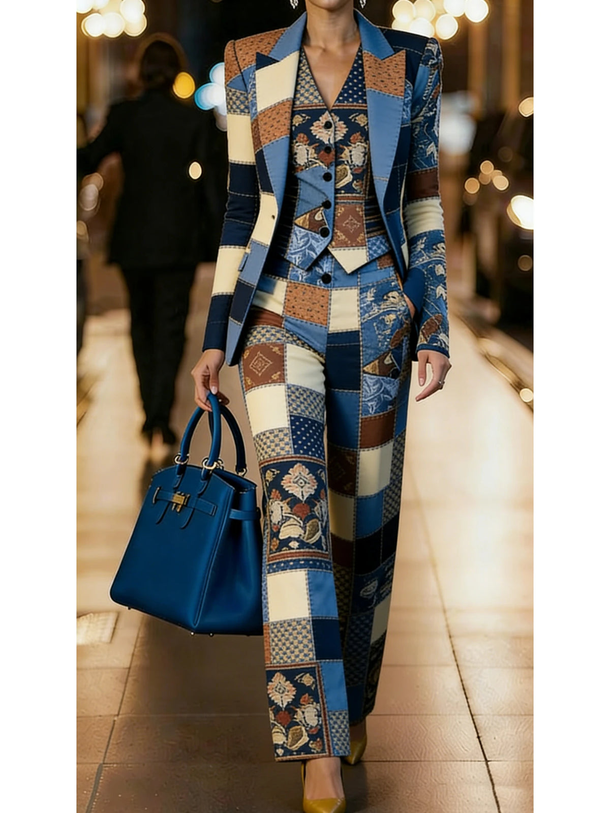 Women's Three Piece Patchwork Printed Lapel Blazer Vest Wide Leg Pants For Business Dinner Street Fashion Occasions
