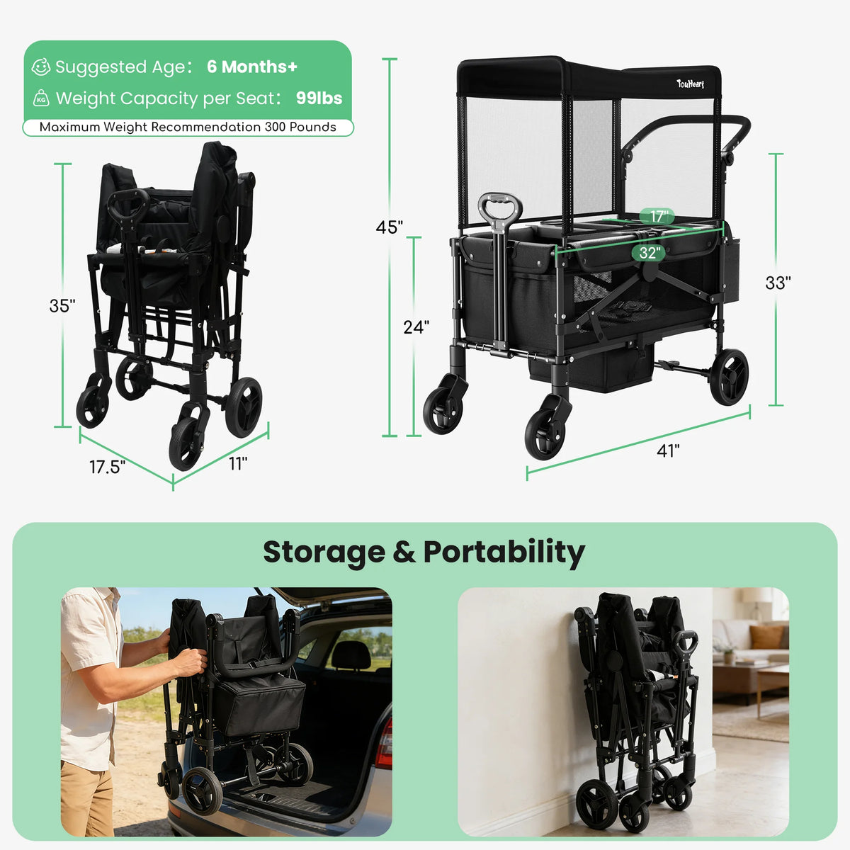 Foldable All Terrain Two Seater Kids Stroller Wagon With Canopy