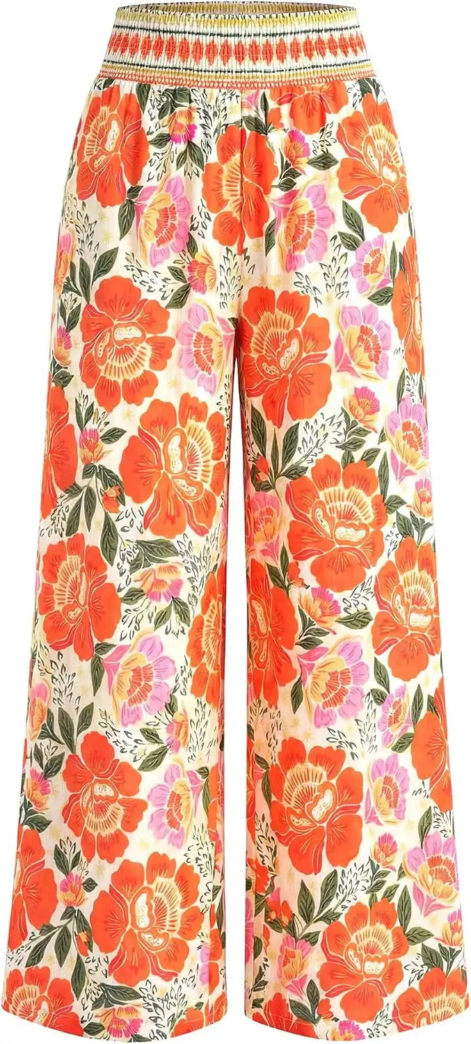 Wide leg pants 2026 summer smoked waist flower pants, pretending to be spring beach vacation women's clothing