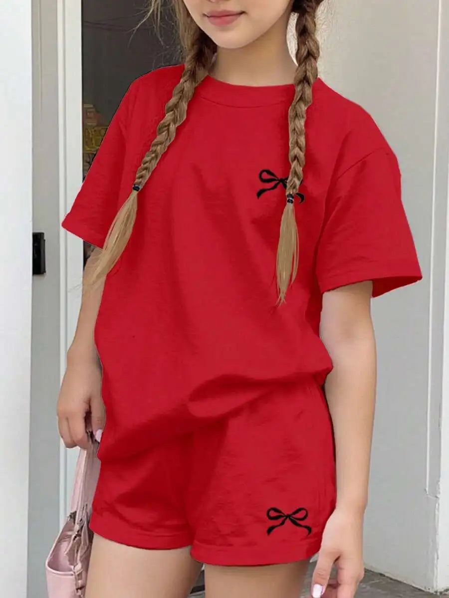 Cherry Bow Print Short Sleeve Tee And Plaid Shorts Set