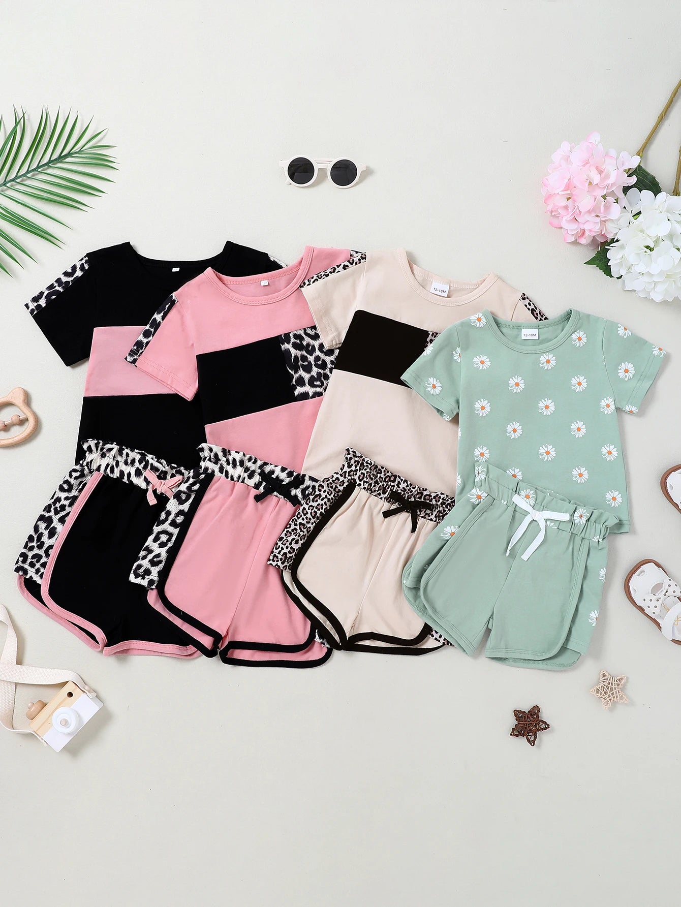 NONECN Leopard Camo Print Toddler Girls Short Sleeve Set