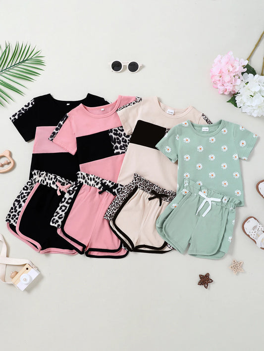 NONECN Leopard Camo Print Toddler Girls Short Sleeve Set