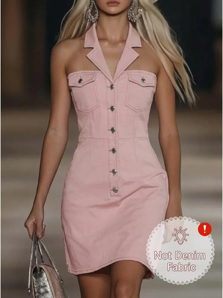Women Lapel Halter Neck Collarless Mini Dresses 2026 New Sleeveless Button‑Front Bodycon Party Short Dress With Flap Pockets