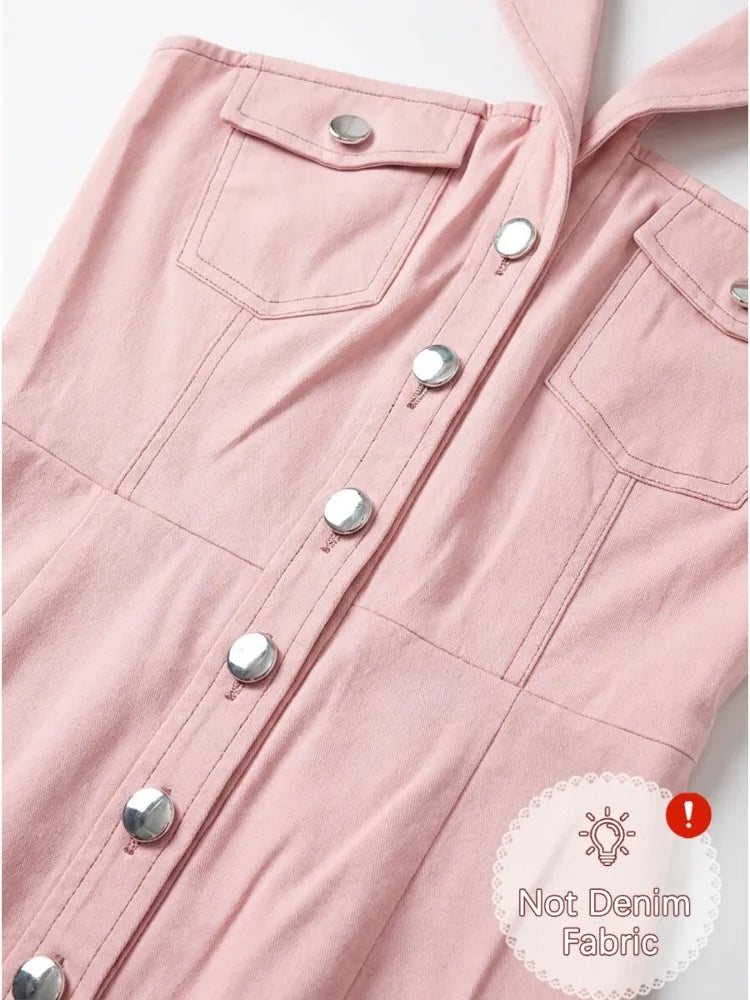 Women Lapel Halter Neck Collarless Mini Dresses 2026 New Sleeveless Button‑Front Bodycon Party Short Dress With Flap Pockets