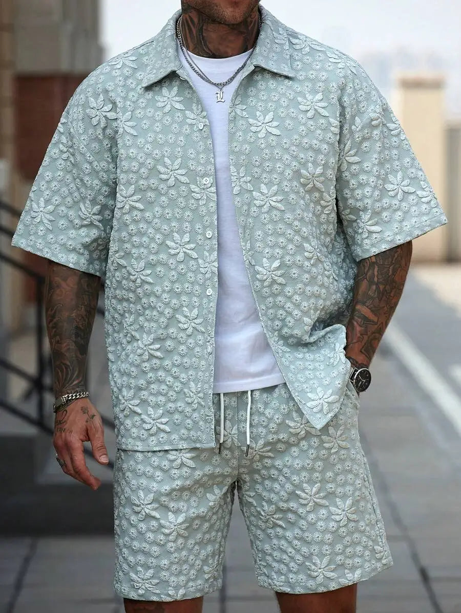 Manfinity CasualCool Men's Yellow Summer Casual Vacation Holiday Outfit,Textured Geometric Pattern Short Sleeve Button Up Shirt