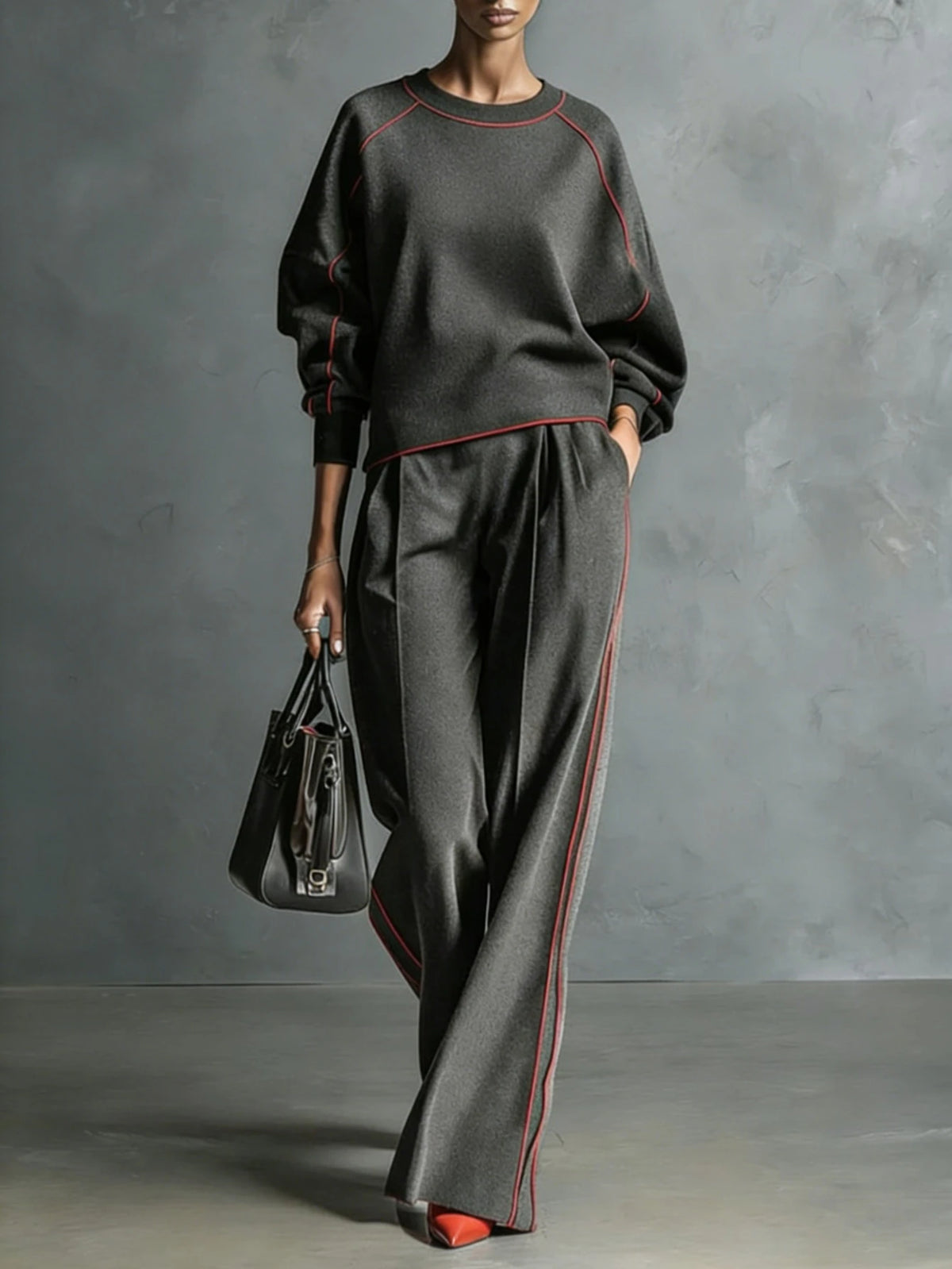 Women Two Piece Outfit Round Neck Long Sleeve Loose Top High Waist Wide Leg Pants Contrast Stripe Relaxed Fit Daily Streetwear Casual Suit For Female