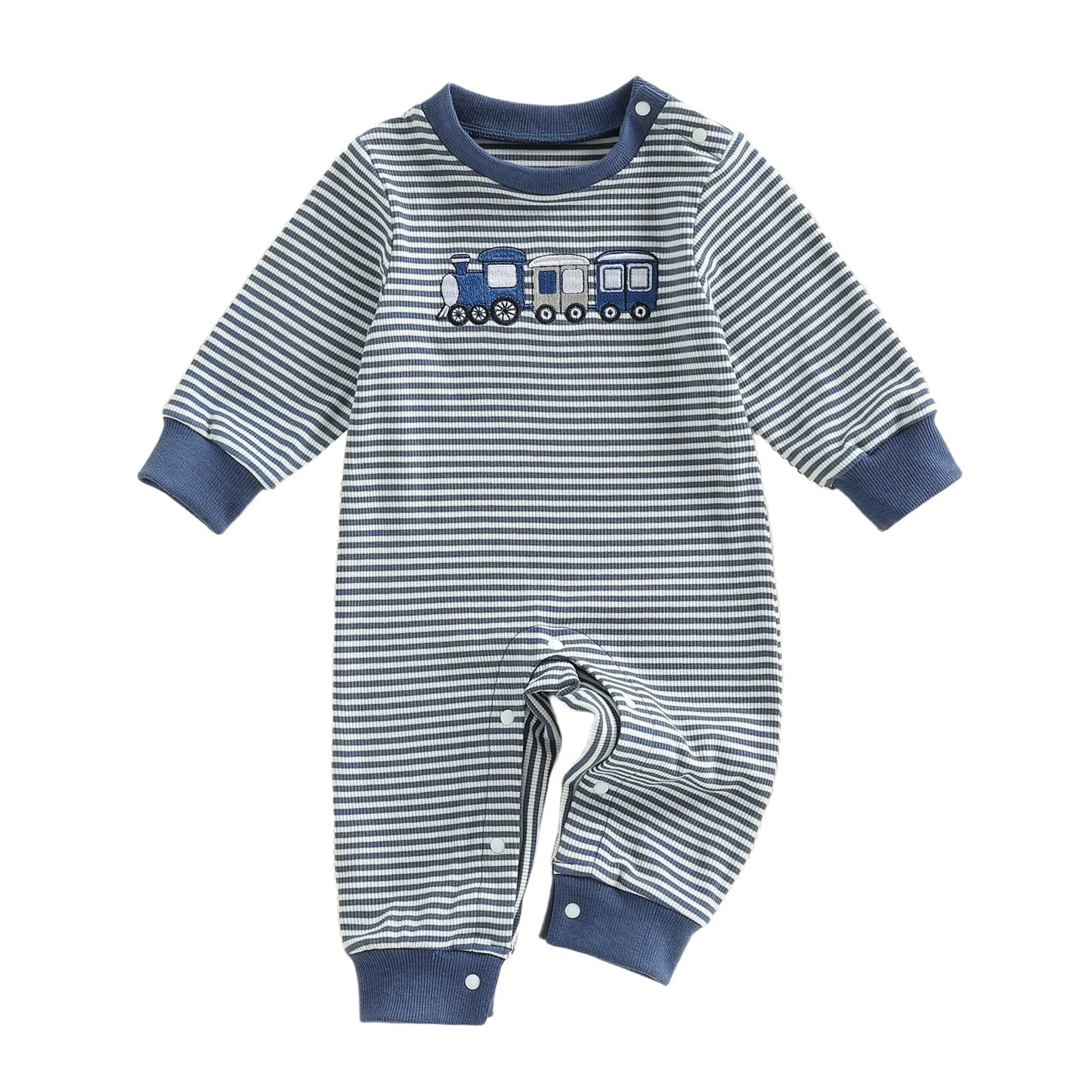 Toddler Striped Playsuit With Long Sleeves And Train Embroidery