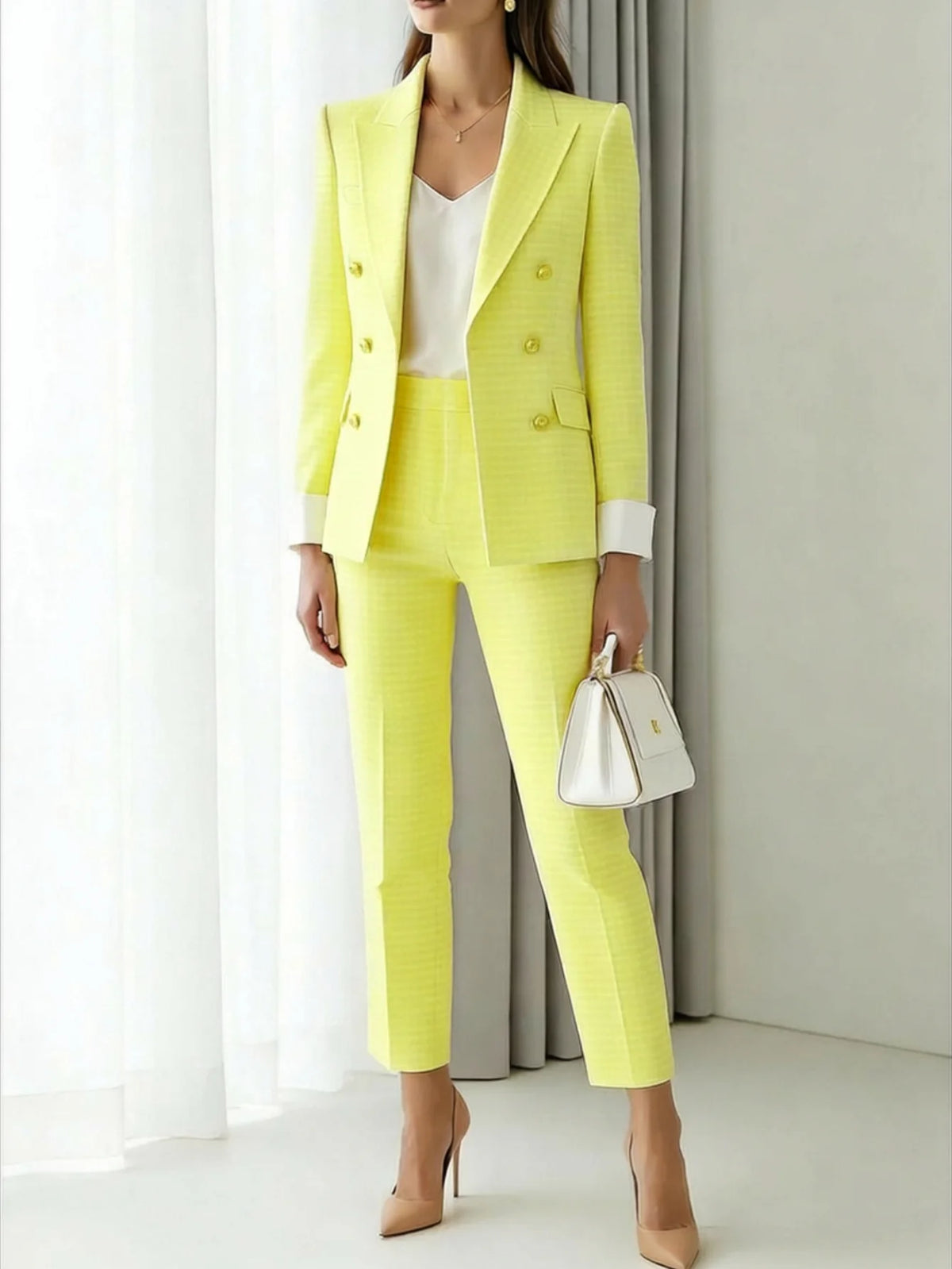 Women's Lapel Double Breasted Long Sleeve Blazer + High Waist Slim Fit Ankle Length Trousers Plaid Pattern Formal Business Ladies Suit