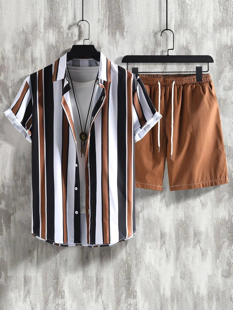Manfinity Homme Men Striped Shirt & Drawstring Waist Shorts Without Tee, Cozy Outfits