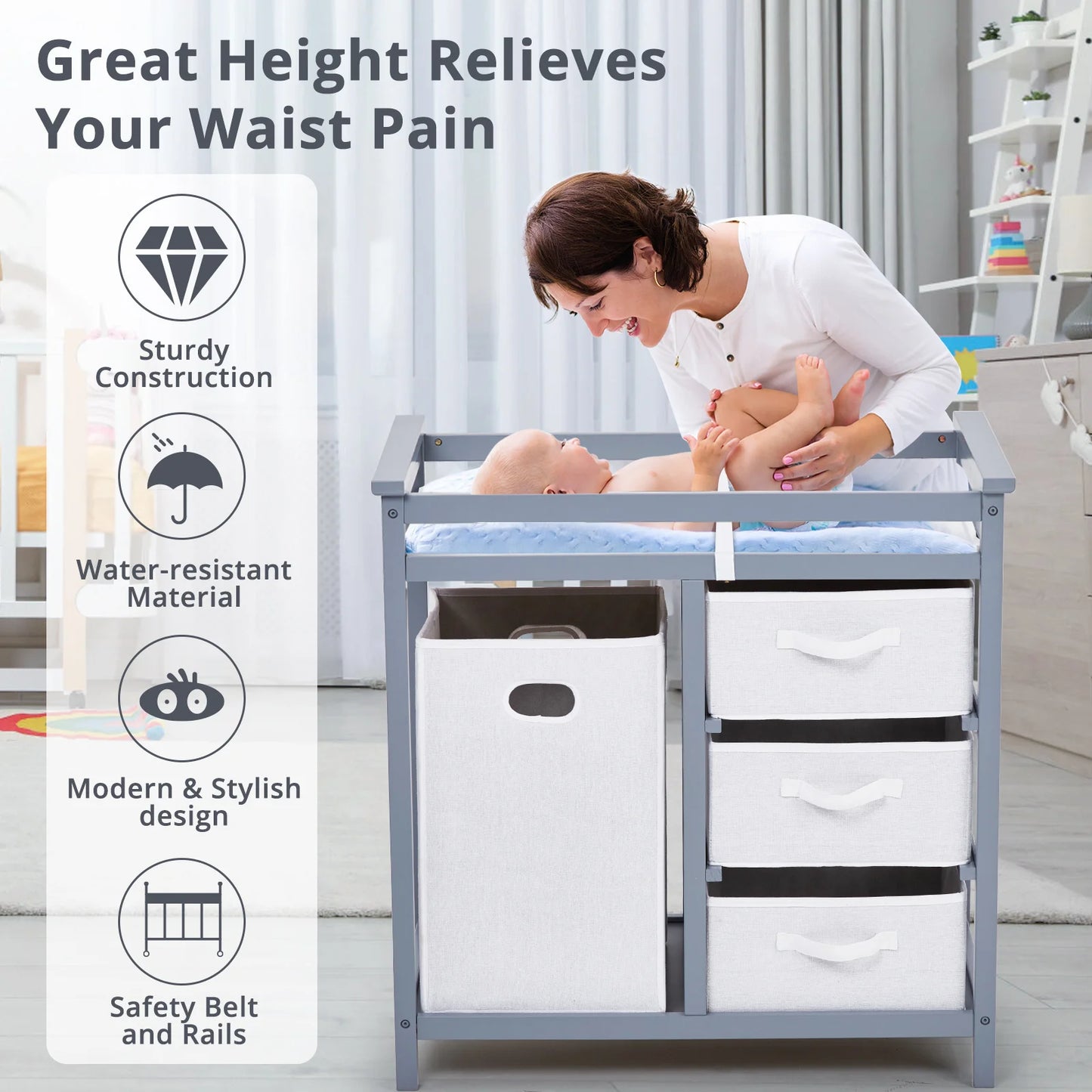 Wooden Baby Changing Table Dresser With Laundry Hamper 3 Drawer