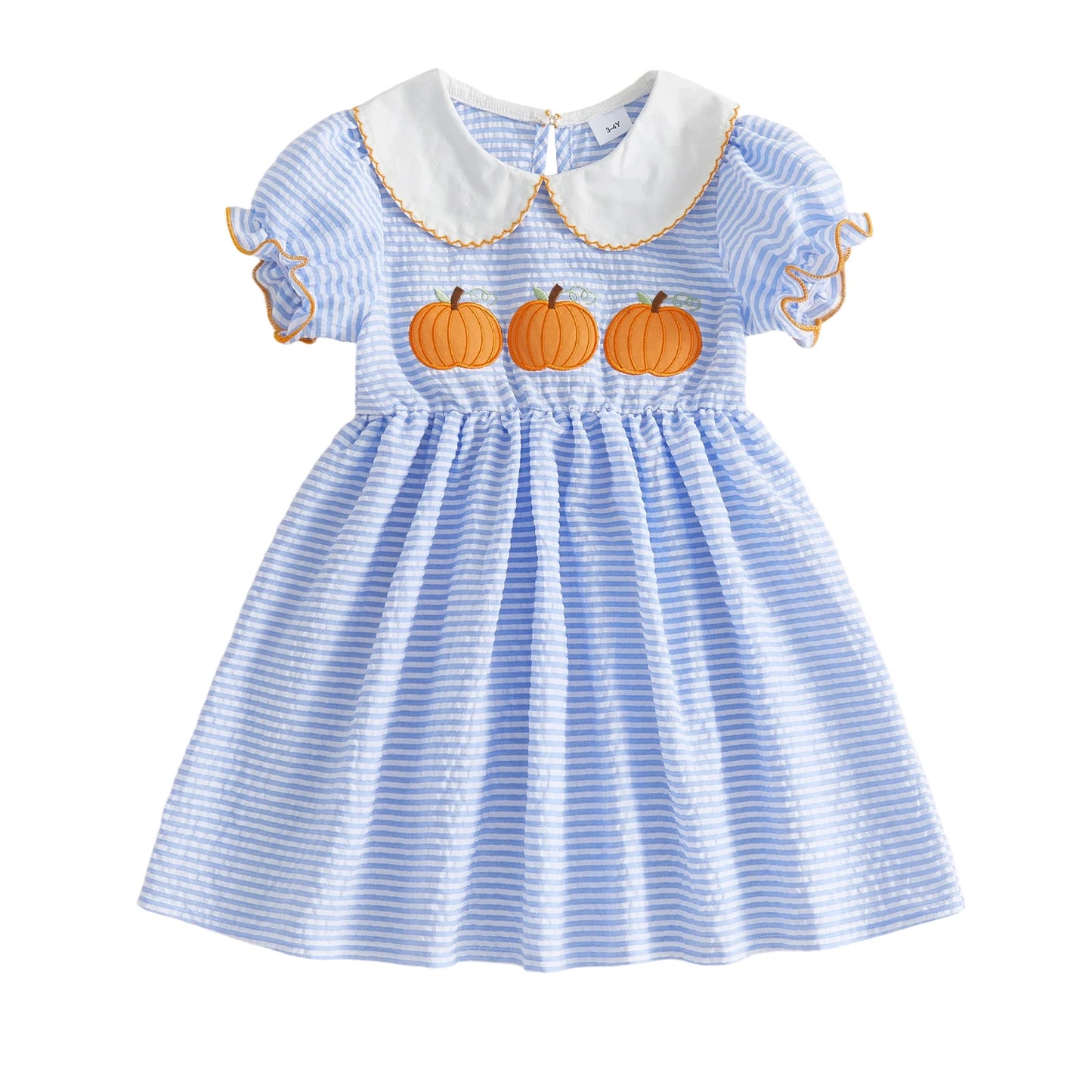 Dress-Pumpkin-Embroidery Girls Halloween Kid-Girls Kid Girls Halloween Embroidery Stripe Collar Stripe Dress-Pumpkin-Embroidery