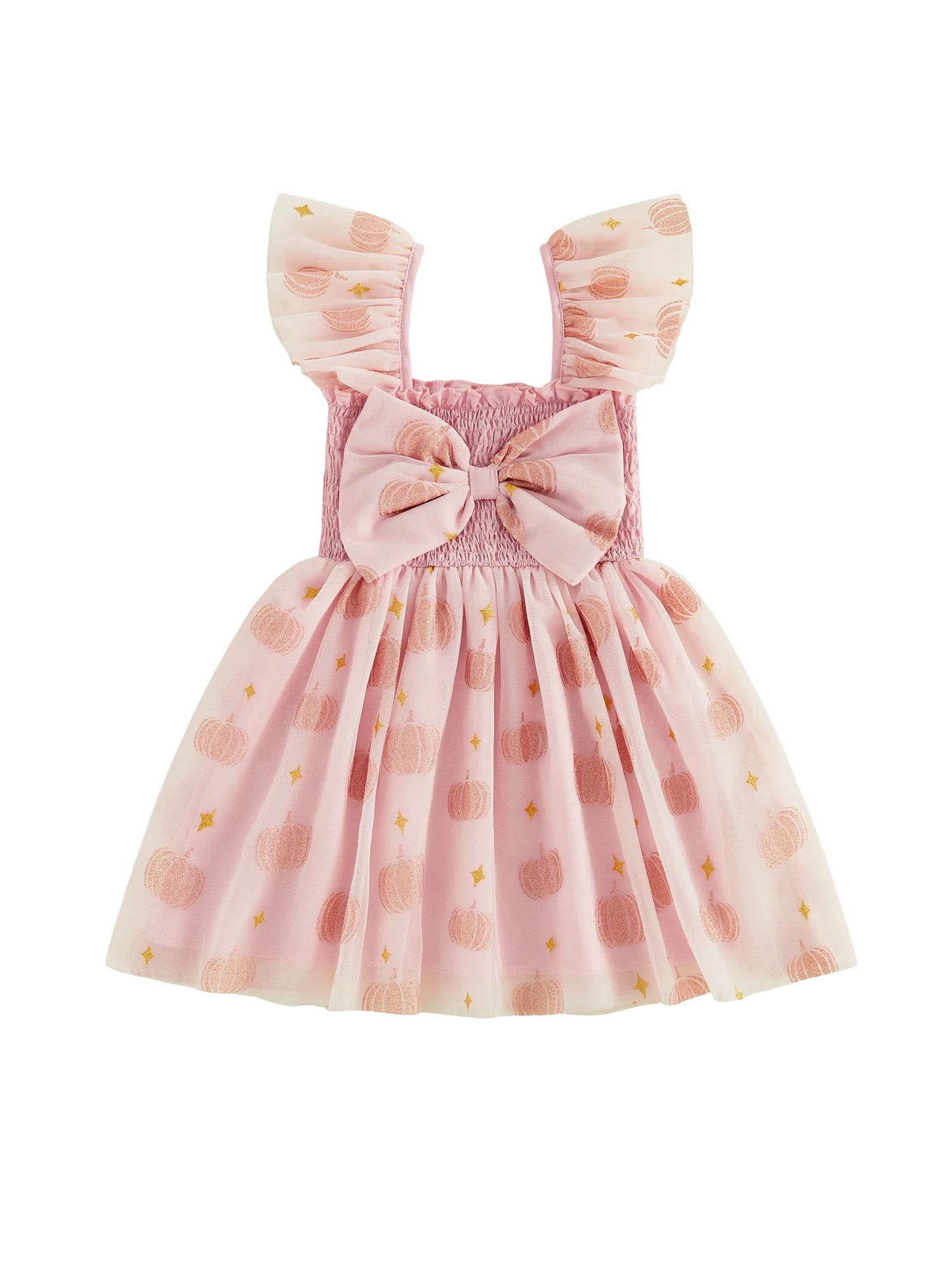 Toddler Halloween Dress With Tulle Flying Sleeves Pumpkin Decor