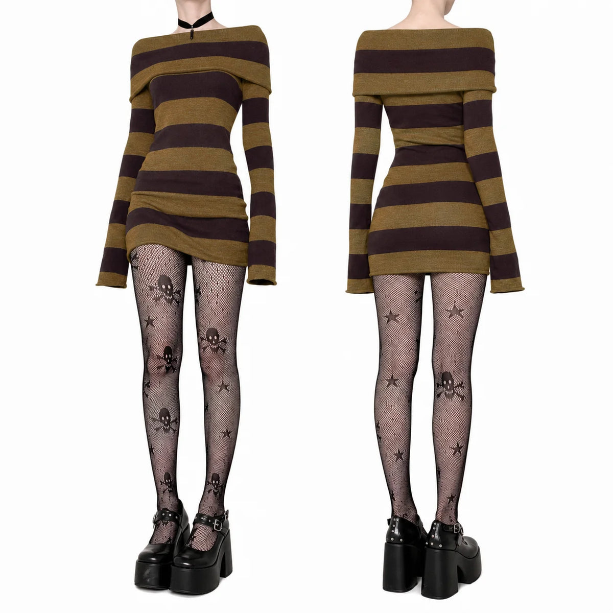 Women Gothic Y2K Off Shoulder Striped Knit Mini Dress, Long Sleeve Bodycon Sweater Dress, Punk Grunge Aesthetic Party Club Outfits