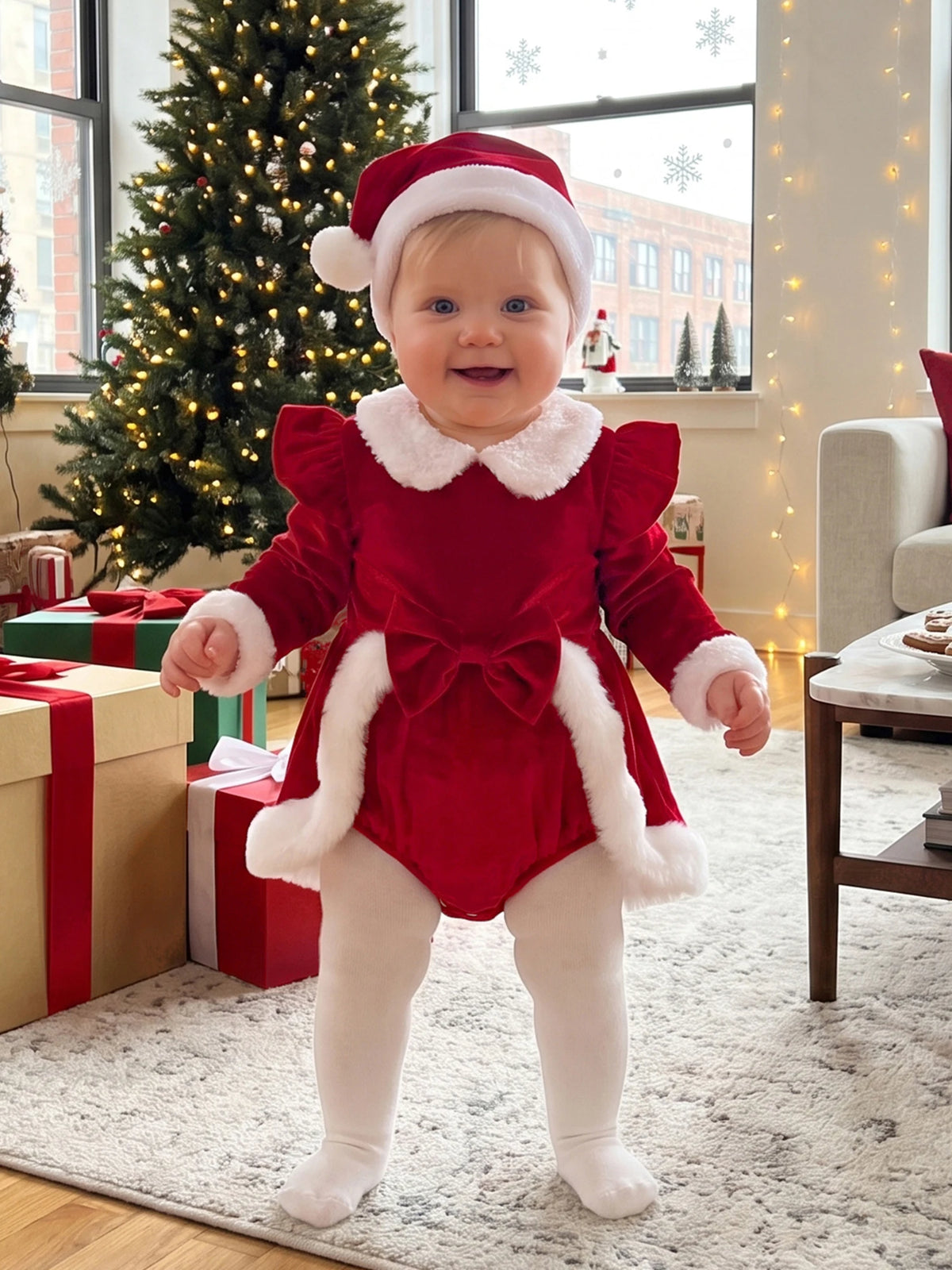 Long Sleeve Piece Set Velvet Long Sleeve Hat Girl Christmas 2 Outfit Dress Hat 2 Lightweight Baby Girl Christmas