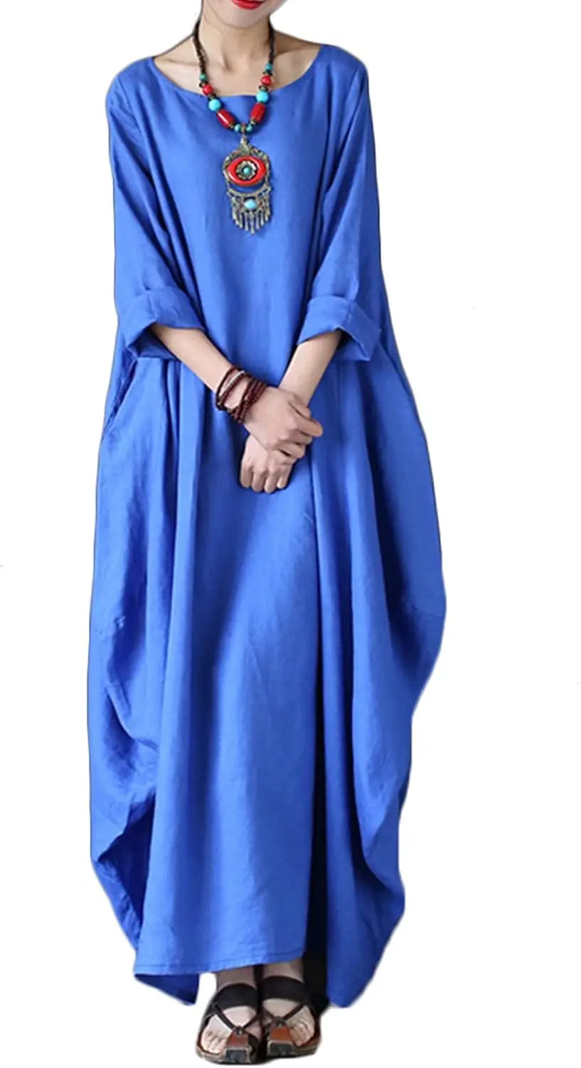 Autumn Solid Cotton Caftan Dress Loose Fit Women Casual