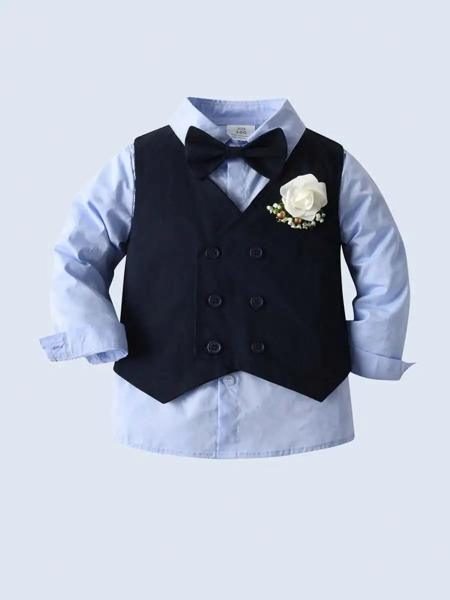 Toddler Boys Formal Suit Set Shirt Vest Pants Bow Tie