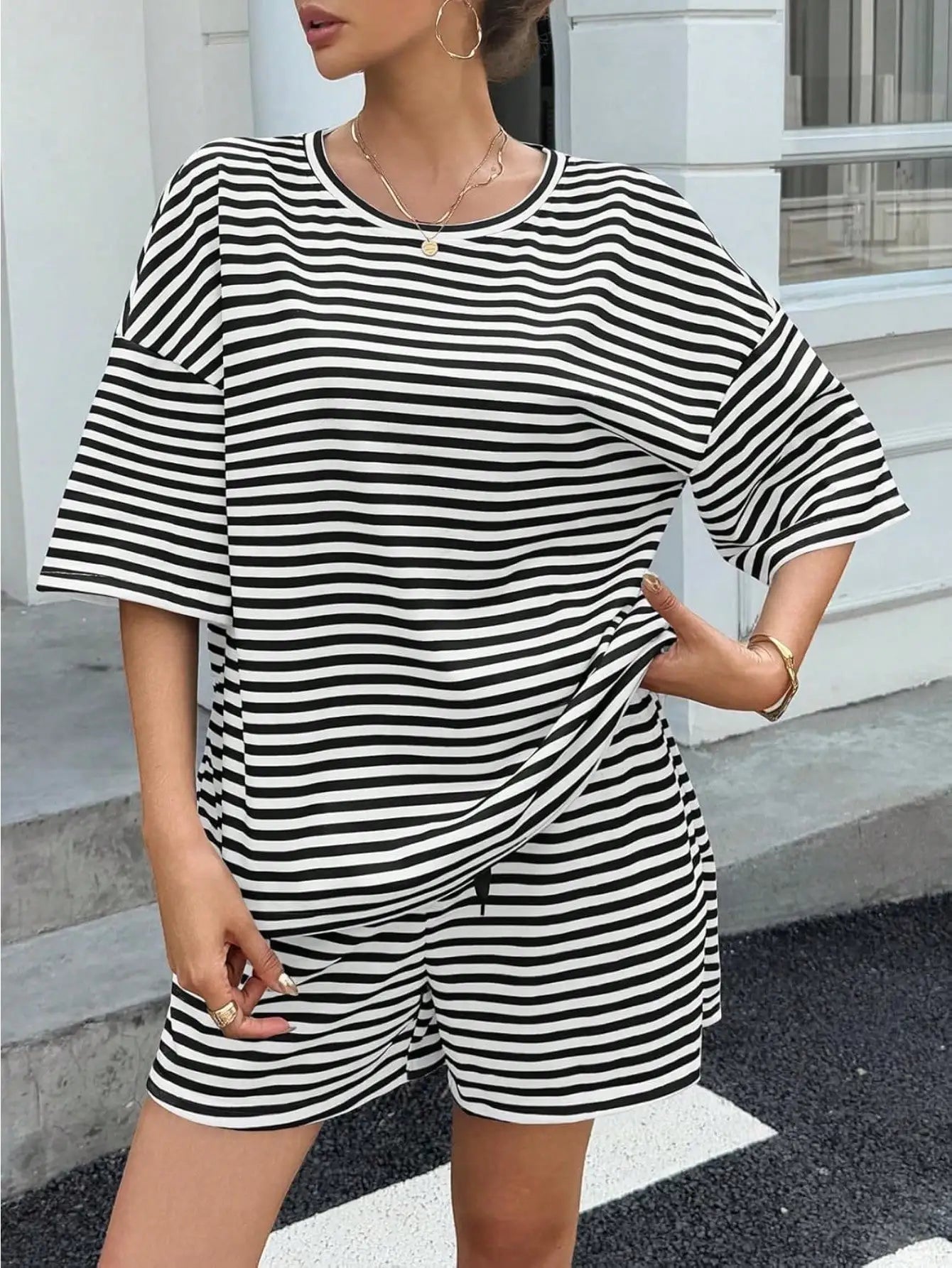 Fisoew Womens Striped Athleisure 2 Piece Outfits Sweatsuit Lounge Set