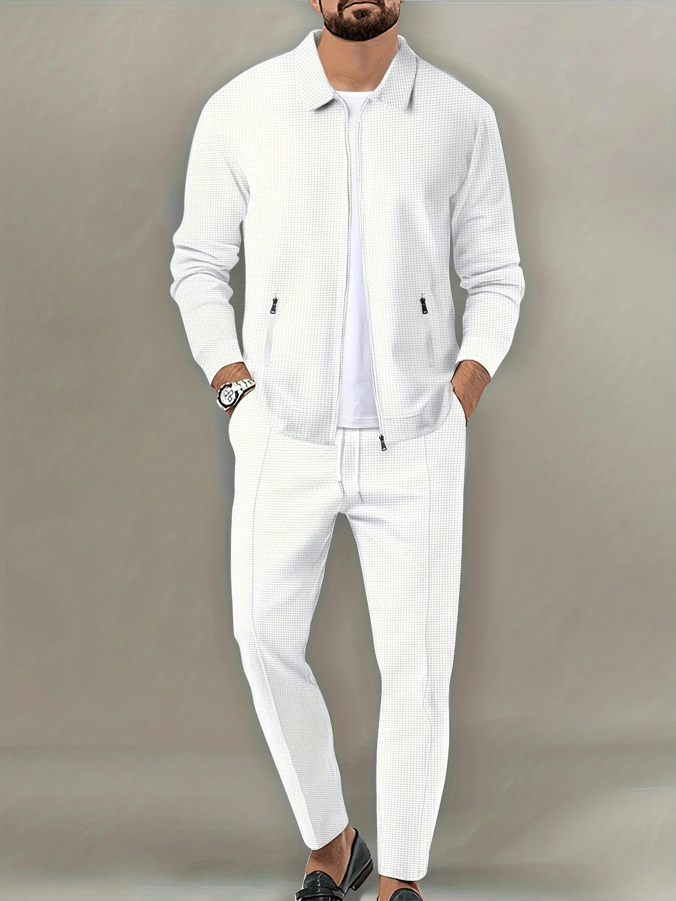 Mens Spring Autumn Casual Jacquard Zip-Up Jacket And Trousers Set