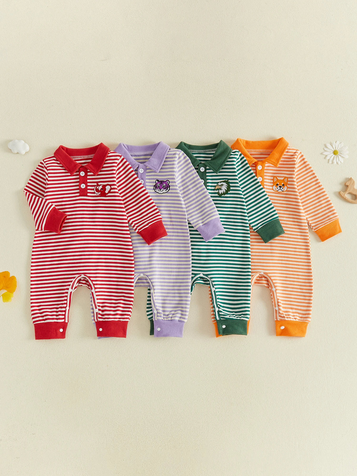 Baby Animal Embroidered Romper With Horn Button Closure