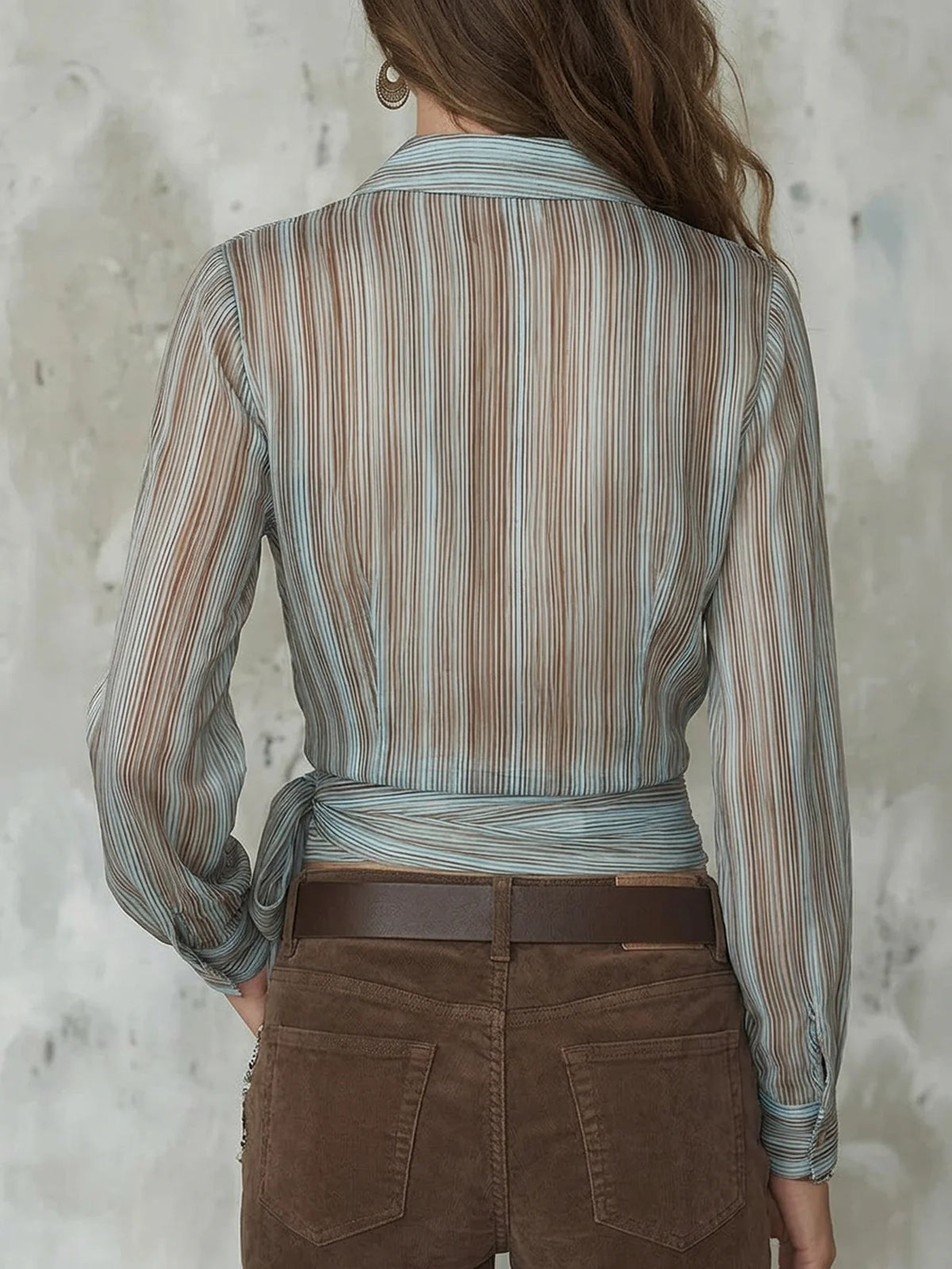 Women's Lapel Collar Long Sleeve Wrap Blouse Striped Print Self Tie Waist Detail V Neck Slim Fit Casual Ladies Shirt