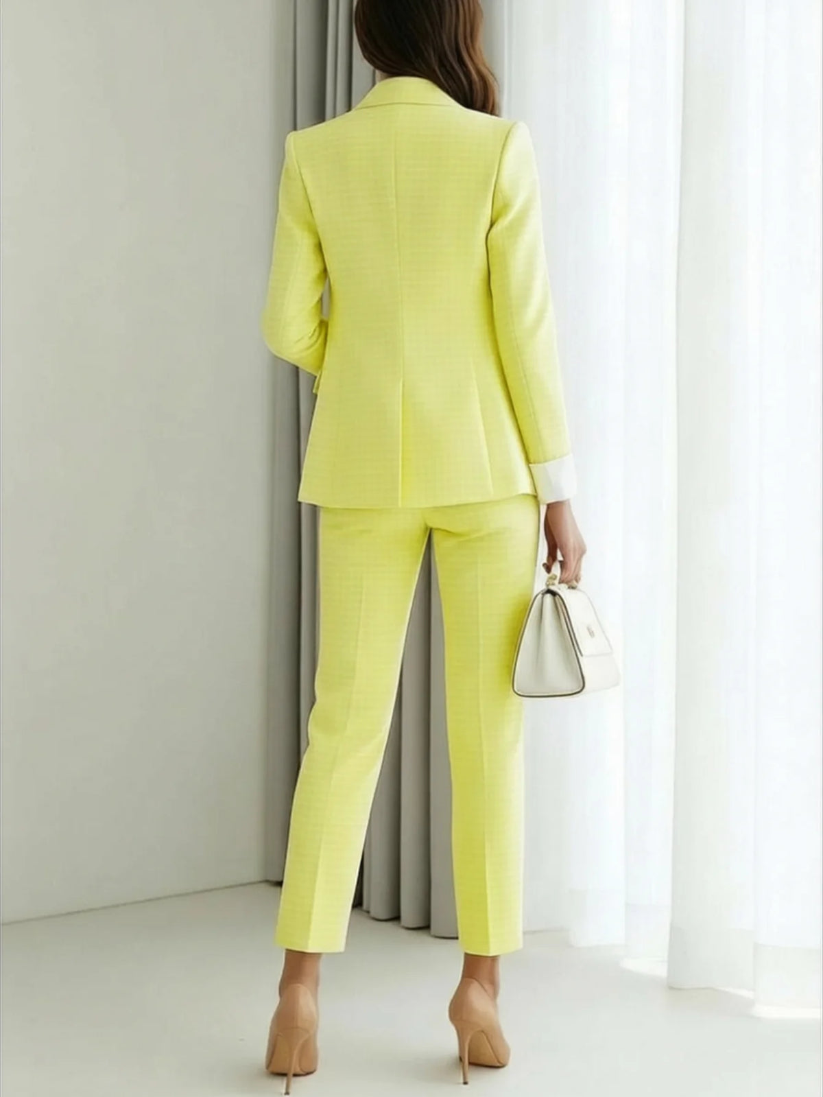 Women's Lapel Double Breasted Long Sleeve Blazer + High Waist Slim Fit Ankle Length Trousers Plaid Pattern Formal Business Ladies Suit