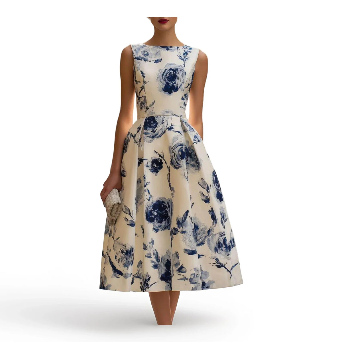 Women's Round Neck Sleeveless Midi Dress Floral Print Pleated A Line Swing Hem Elegant Formal Ladies Dress