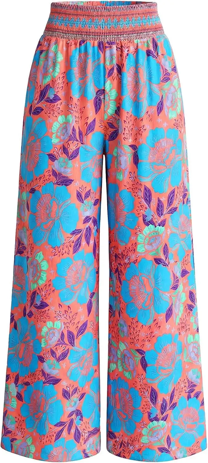 Wide leg pants 2026 summer smoked waist flower pants, pretending to be spring beach vacation women's clothing