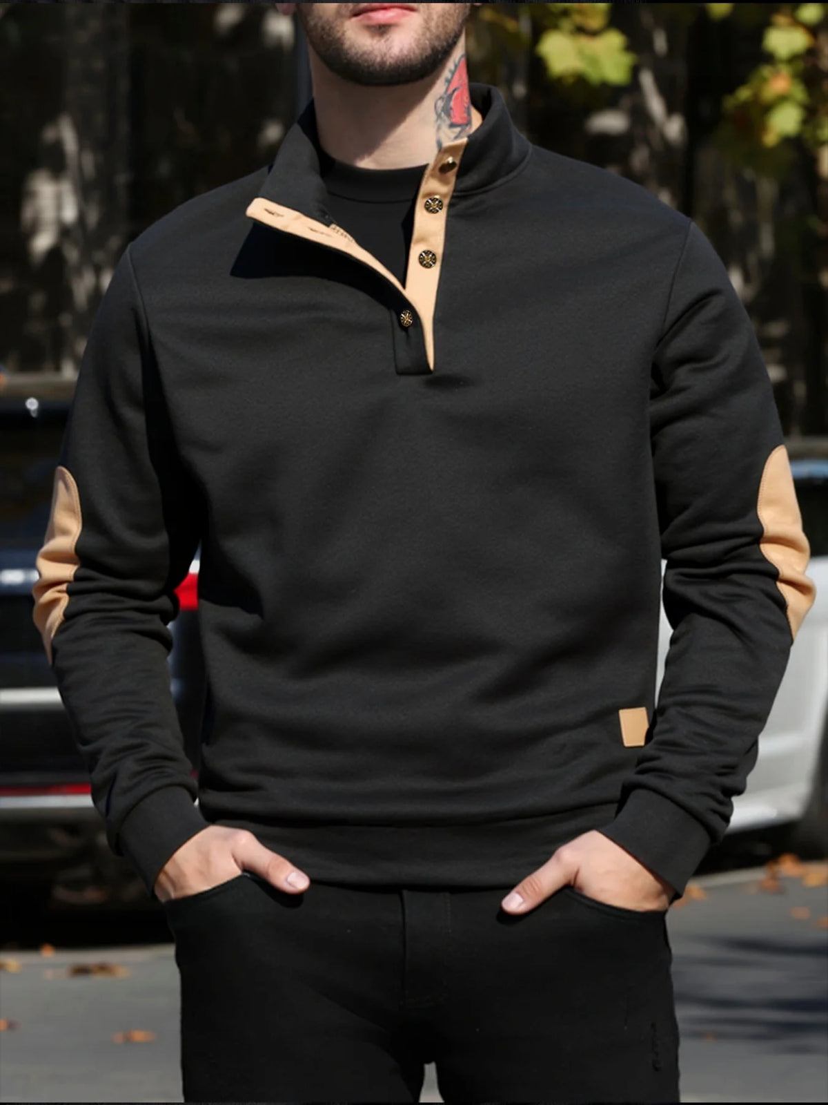 Men Henley Collar Pullover Sweatshirt Stand Collar Top Button Placket Elbow Patches Long Sleeve Casual Sweater Daily Wear Top