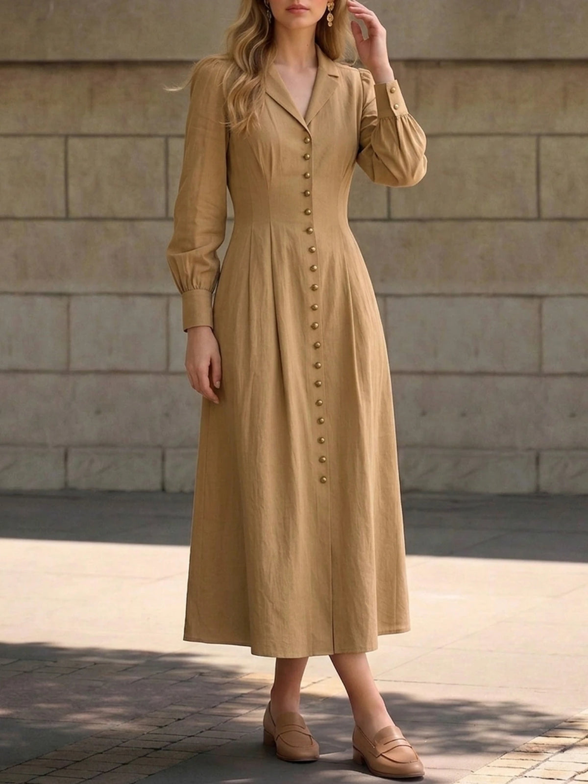 Women Midi Shirt Dress Lapel Long Sleeve Waist‑Fitted Dress With Side Pockets Front Button Down Casual Office Daily Outdoor Elegant Mid‑Calf Length Outfit For Ladies