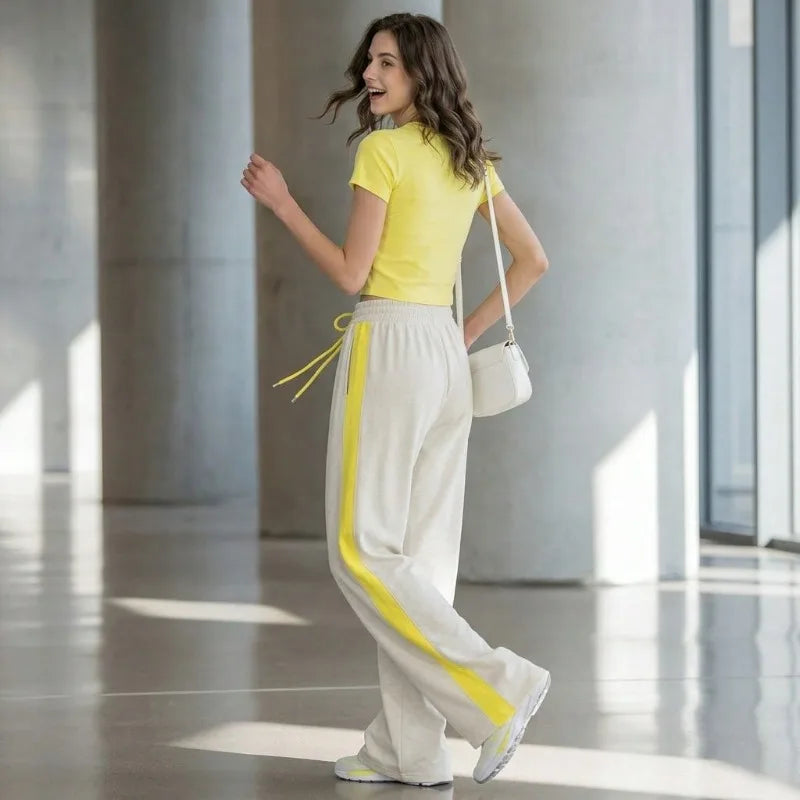 Women 2 Piece Sets Casual Outfit Solid Short Sleeves Crew Neck Crop T‑Shirt & Side Stripe Drawstring Wide Leg Sweatpants Set Sporty Matching Tracksuit