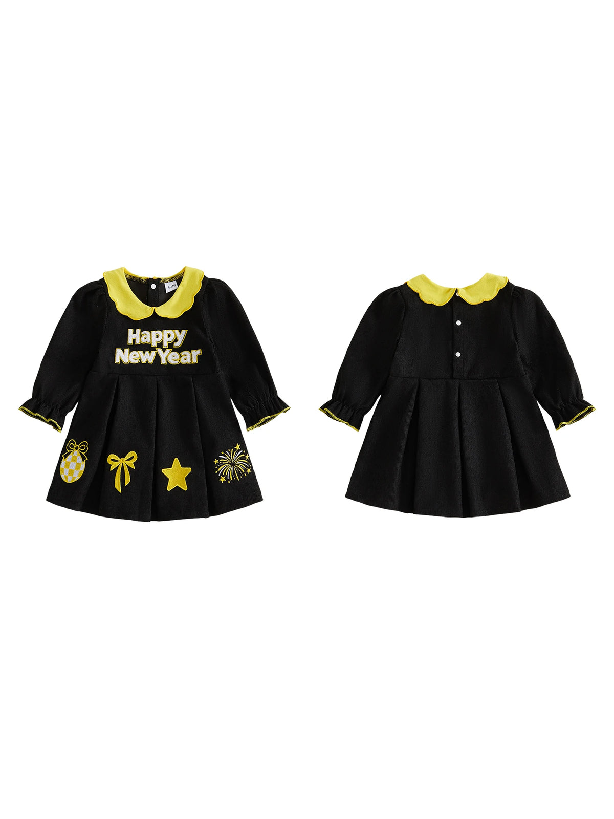 Girls Long Sleeve V Neck Dress With Letter Embroidery Pockets