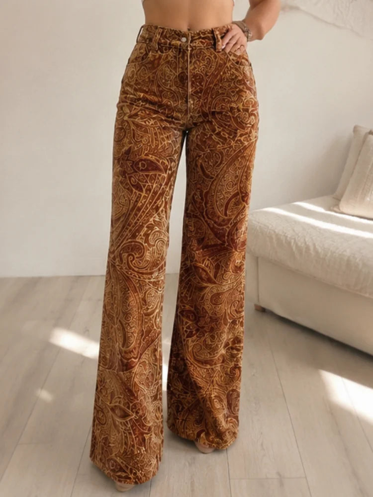 Women's Velvet Printed Fashionable Trousers - Retro Full Western Paisley Pattern Khaki High-Waisted, Bohemian Style, with Pockets, Suitable for Daily Casual Wear in Autumn and Winter