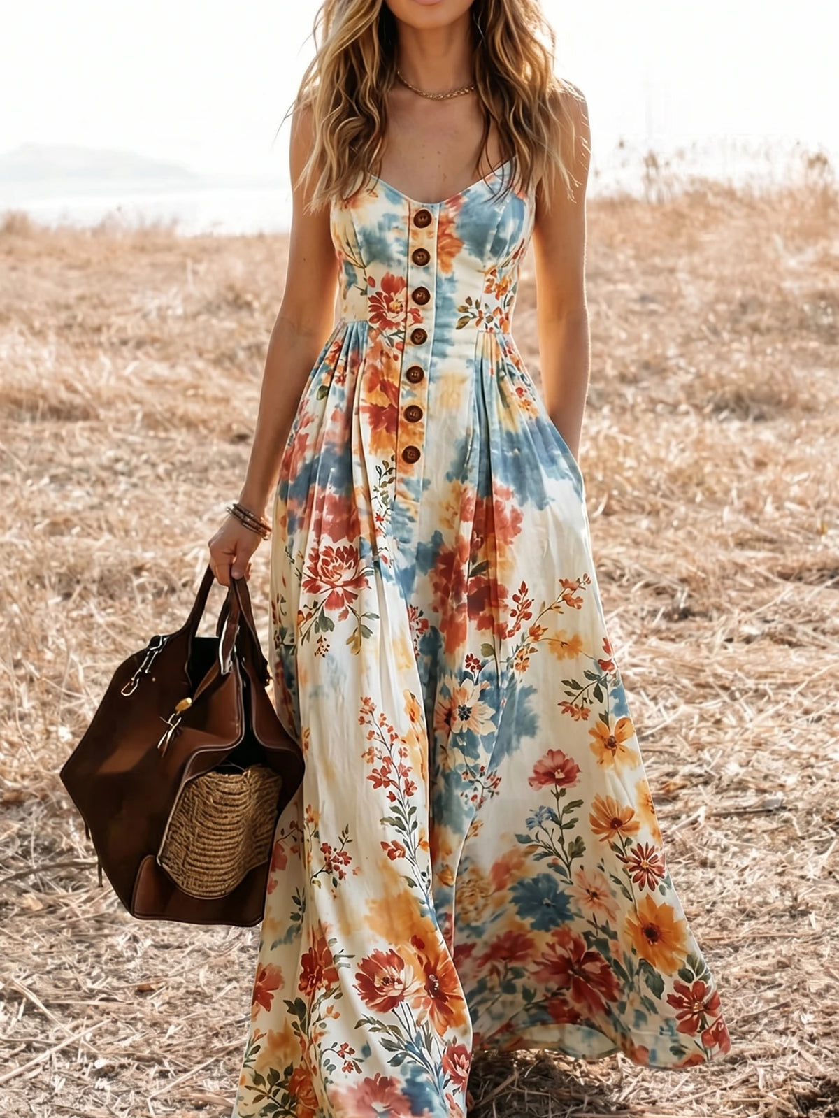 Women V Neck Spaghetti Strap Floral Print Maxi Dress Button Front A Line Flowy Dress For Casual Holiday Occasion