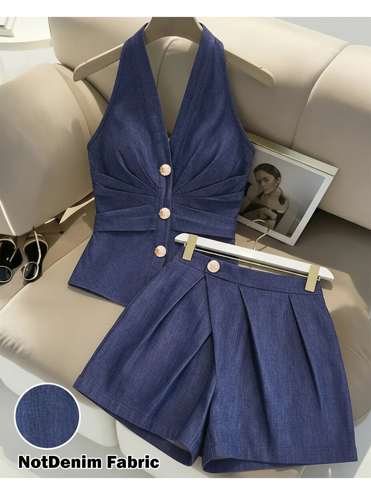 Women's Halter V Neck Sleeveless Two‑Piece Suit Button Detail Pleated Fitted Top Wrap Front Pleated Short Skort Ladies Set