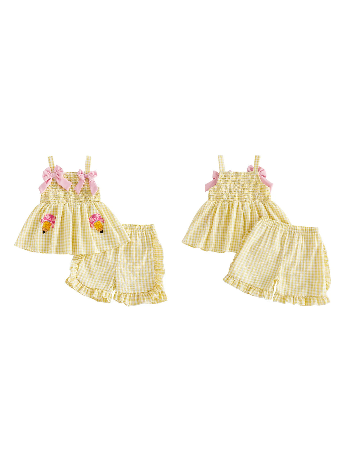 Cute Girl s Back to School Outfit Casual Bow Pencil Pattern Plaid Sleeveless Top with Ruffled Trim Shorts - 2 Piece Set