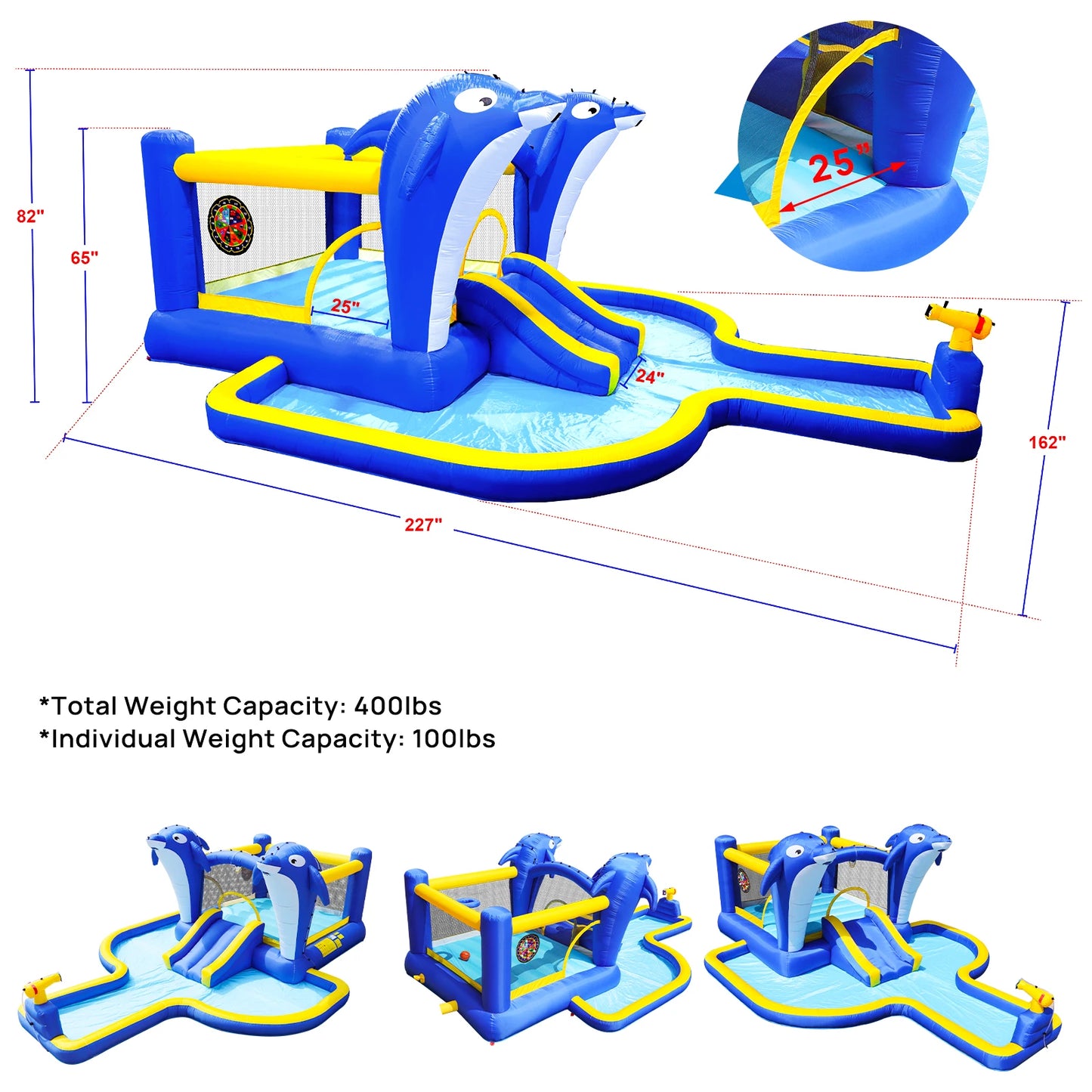 Outdoor Inflatable Bounce House Wet Dry Slide With Dolphin Sprinkler
