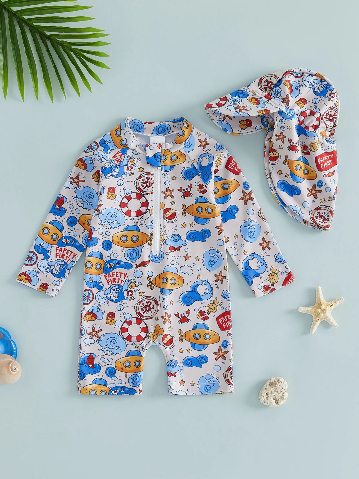 Cute Baby Rash Guard Swimsuit With Sun Hat Dinosaur Print