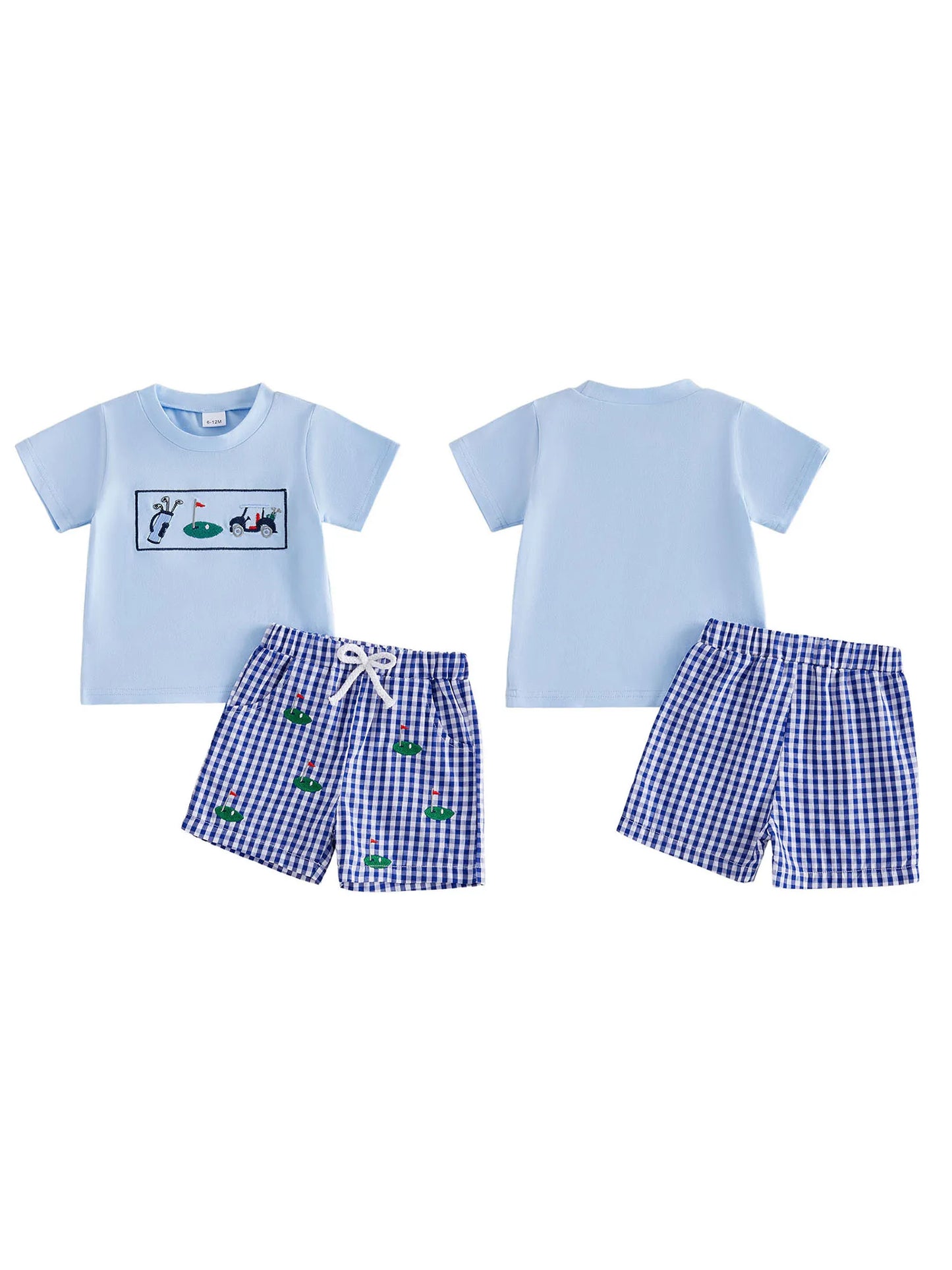 Girls Embroidered Animal Short Sleeve T-Shirts And Plaid Shorts 2Pcs