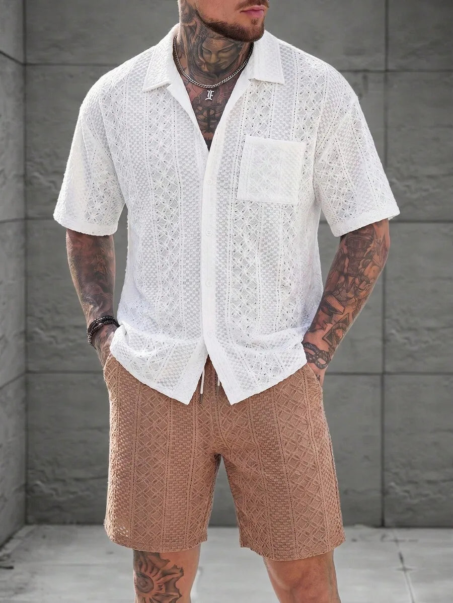 Manfinity CasualCool Men's Yellow Summer Casual Vacation Holiday Outfit,Textured Geometric Pattern Short Sleeve Button Up Shirt