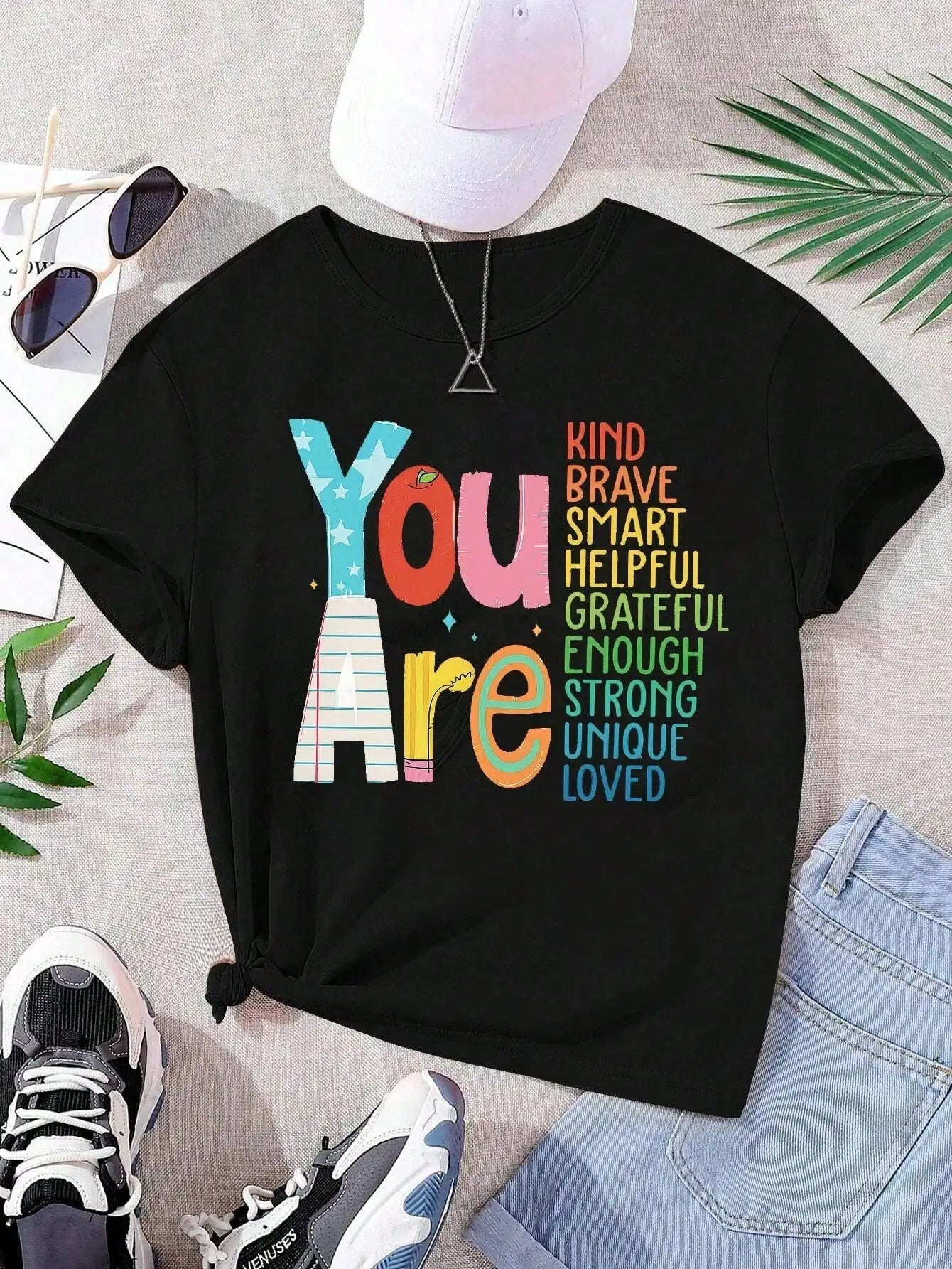 Girls & Teenagers Students Casual Printed Black Crew Neck Short Sleeve T-Shirt Top, Summer