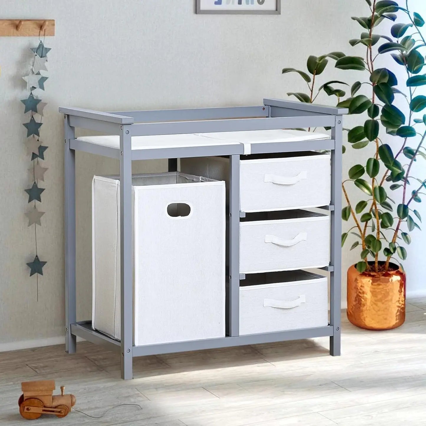Wooden Baby Changing Table Dresser With Laundry Hamper 3 Drawer