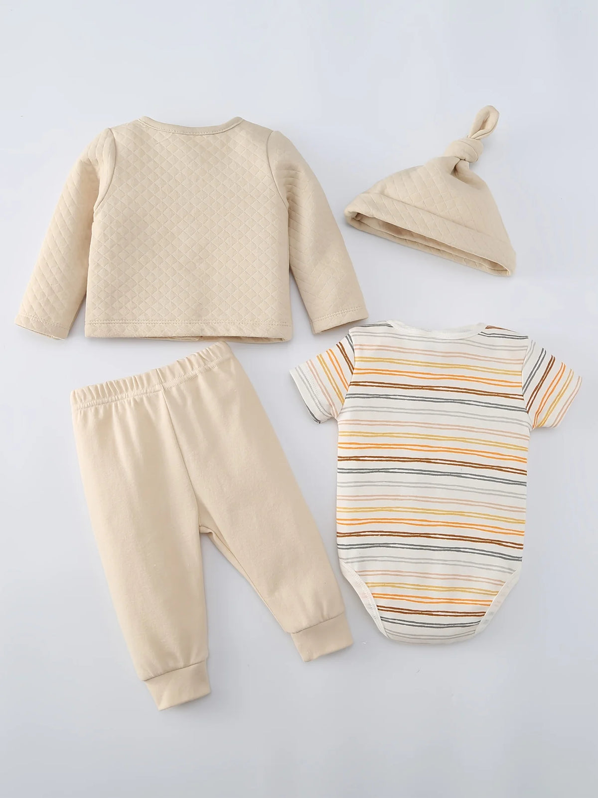 4pcs Baby Girls Autumn & Winter Set, Crew Neck Outdoor Outfit Including Thick Coat, Long Pants, Triangle Romper And Hat, Cotton Sweat-absorbent Outerwear Romper Set, Newborn Hospital Essentials, Special, Perfect for Outdoor