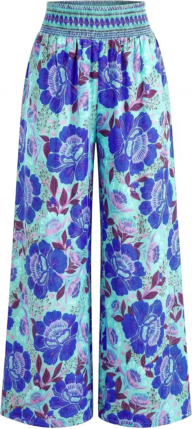 Wide leg pants 2026 summer smoked waist flower pants, pretending to be spring beach vacation women's clothing