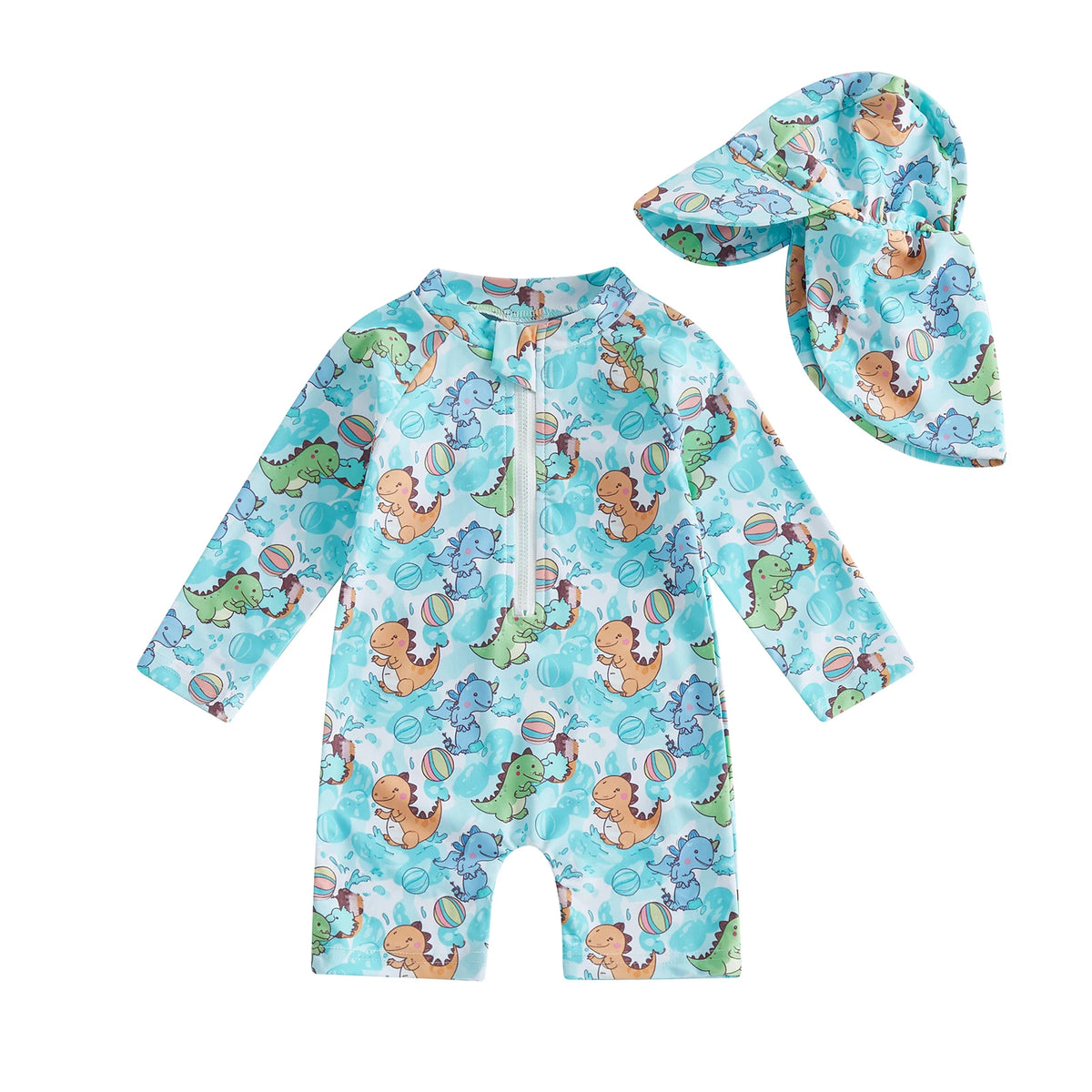 Cute Baby Rash Guard Swimsuit With Sun Hat Dinosaur Print